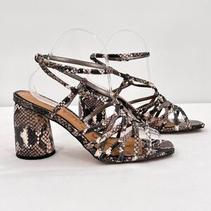 Sam Edelman Daffodil Taupe Snakeprint Ankle Wrap Block Heel Strappy Sandals Sz 9